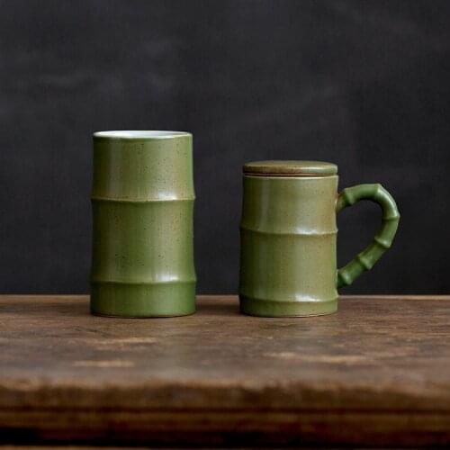 Handmade Ceramic Bamboo Design Teacup Creative Simple Water Mug Retro Office Filter Tea Cup with Handle and Lid