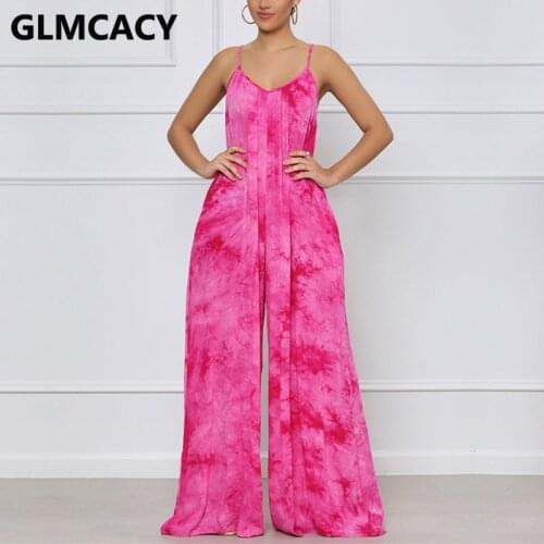 Women Tie Dye Printed Spaghetti Strap Loose Jumpsuit Casual Summer Overalls