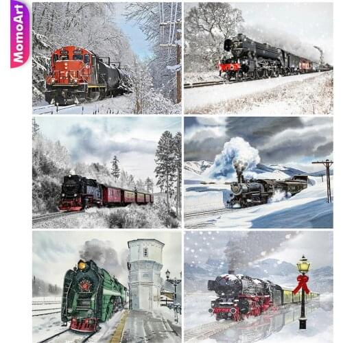 MomoArt 5D DIY Diamond Mosaic Train Picture Of Rhinestone Diamond Painting Winter Scenery Cross Stitch Embroidery Decor For Home