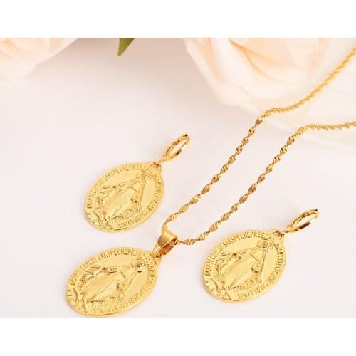 Gold Virgin Mary religions Jewelry Set Trendy Our Lady Women Men party czJewelry Cross Pendant earring Set for women girls gift