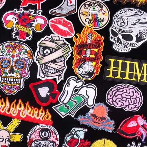 Embroidered Patches Skull Patch On Clothes Cloth Iron On Patches For Clothing Fire Guitar Punk Badge On Jackets Biker Stripes