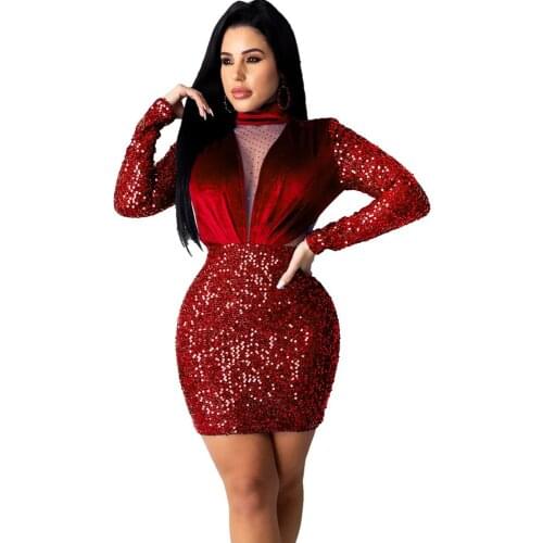 Kalenmos Autumn Winter Velvet Mesh Sheer Sparkly Elegant African Dresses Women Long Sleeve Evening Bodycon Mini Dress Club