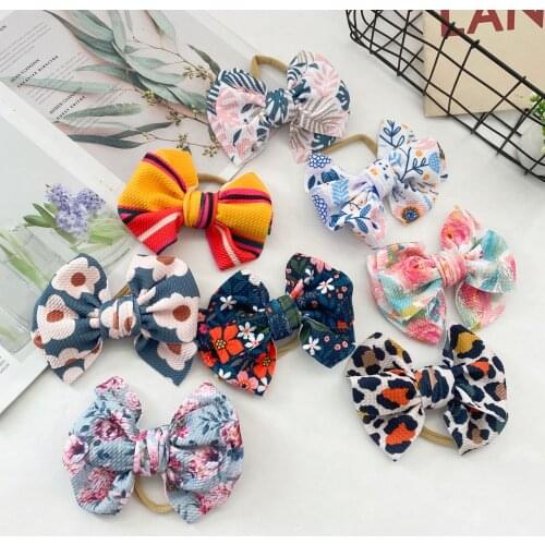 Pick 3 Baby Girls Nylon Nude Headband with Flower Print Bow Knot Turban Kid Floral Large Bow Headwrap Newborn Bebe Knot Hairband