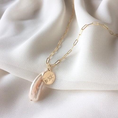 Natural Baroque Pearl Pendants Disk Necklace Initial Necklace Choker Gold Filled Jewelry Women Necklace