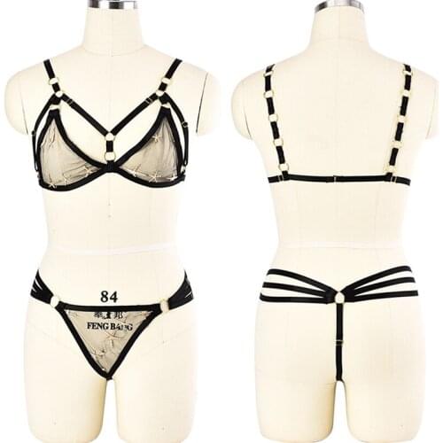 Gold Tone Transparent Mesh Embroidery Stars Body Harness Belt Sexy Lingerie Set Full Cup Cage Bra +Bottom Pantie G-string