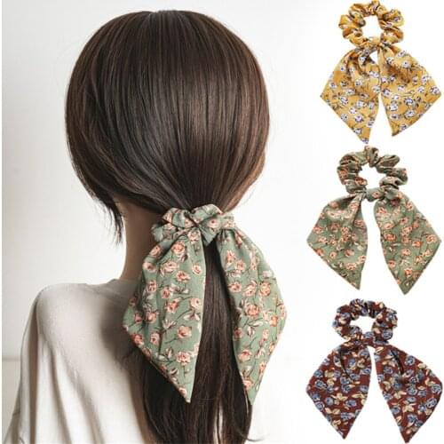 Korean Rose Print Knot Ribbon Scrunchie For Women Ponytail Holder Hair Tie Girl Fashion Elastic Hair Band Scarf Hair Accessories