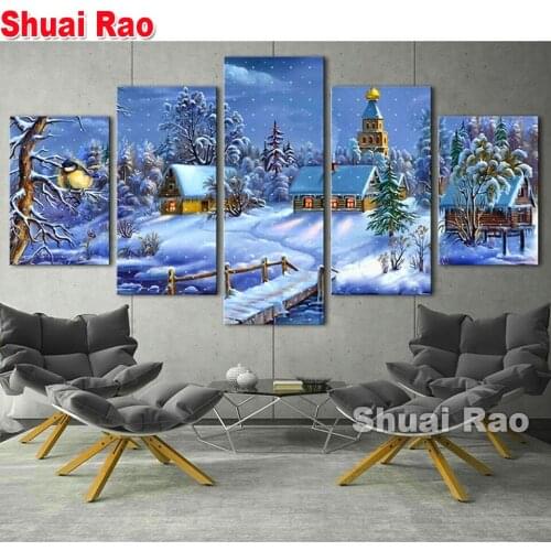 Christmas 5 piece Diamond Painting Snow House Diy Full Square Round Diamond Embroidery Sale Mosaic rural landscape,Newest