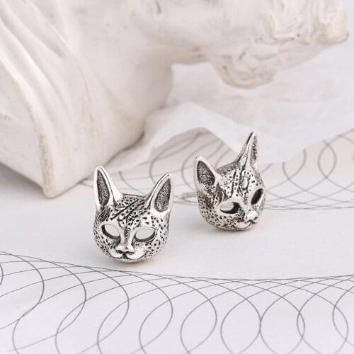 Men Womens Silver Color Hairless Cat Stud Earrings Unisex Earrings Vintage Gothic Punk Style Cat Earrings Hip Hop Jewelry