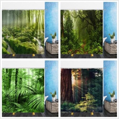 Natural Landscape Shower Curtains Summer Forest Green Plant Bamboo 3D Bathroom Home Decor Waterproof Polyester Cloth Curtain Set