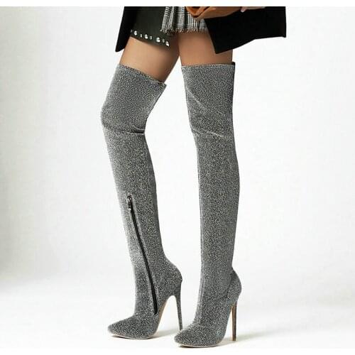 Stretch Sequined Cloth Womens Thigh High Boots Fashion Pointed Toe Stiletto Heels Over the Knee Boots Spring Autumn Women Shoes