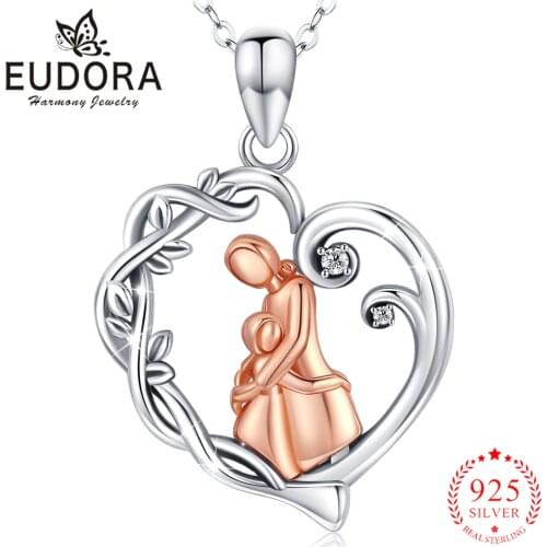 Eudora 100% Sterling Silver Mom And Daughter Hug Rose Gold Pendant Vine Leaf CZ Heart Necklace Jewelry The Best Gift For Mother