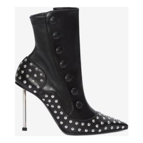 New women mid calf boots point toe black leather women booties metal heel boots ladies party shoes rivets stud booties