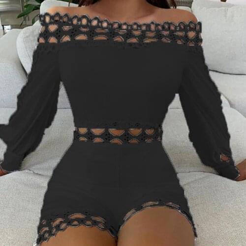 2021 Women Slim Off The Shoulder Lace One Word Collar Long Sleeve Rompers Jumpsuit Solid Color Sexy Hollow Out Summer Clothes