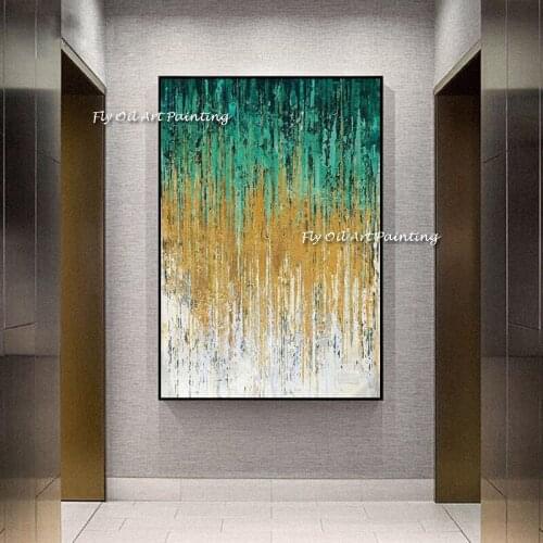 100% Handmade White Green Gold Line Leafs Abstract Nordic Canvas Knife Painting Modern Picture Living Room Wall Art Decoration