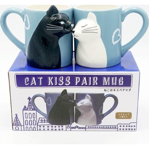 2PCs 3D Cat Mugs Kiss Cat Coffee Couple Handmade Mug Funny Tea Ceramic Cup Set for Valentines Day Gift Marriage Housewarming