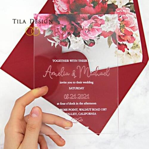 2021 customized printing flora wedding invitation card acrylic invitation card with match flower envelopes Acrylic Menu Cards