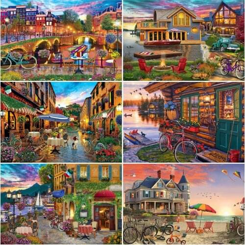 EverShine Diamond Embroidery Landscape Full Square Diamond Painting Bicycle Rhinestones Town Cross Stitch Mosaic Decor For Home