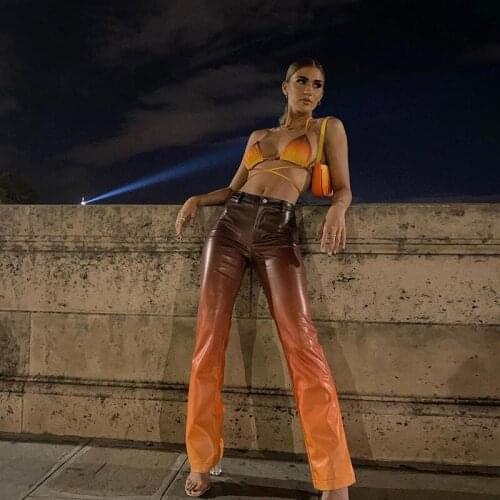 Autumn Gradient Color Pu Leather Pants Women Loose Trouser Fashion Zipper Streetwear Harajuku High Waist Aesthetic Pants