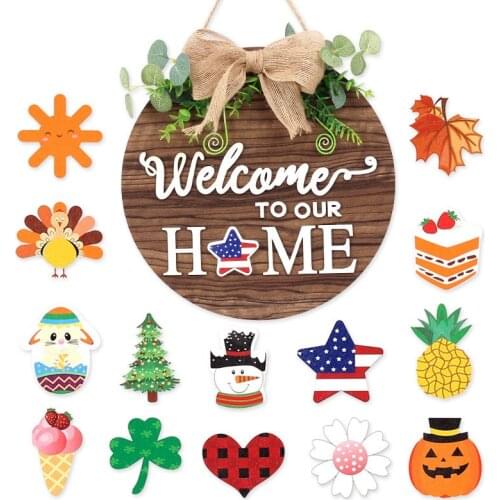 DIY Wooden Seasonal Welcome to Our Home Door Sign Interchangeable Round Hanging Front Door Sign Seasonal Ornament