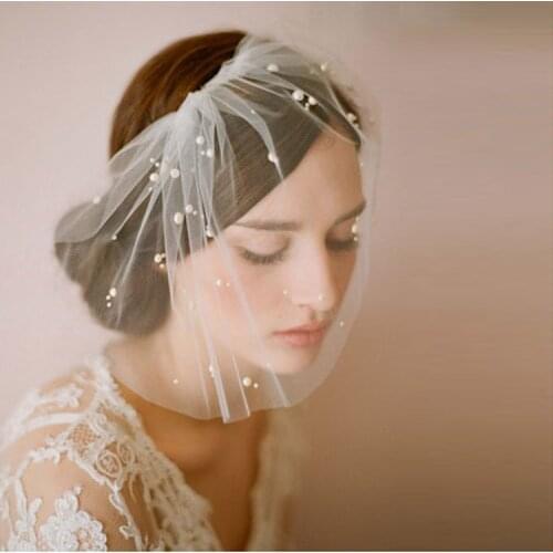 Pearls Veils Wedding Veil Accessories Covered Face Short Bridal Veils White Ivory One Layer With Comb Fascinator Headdress 2021