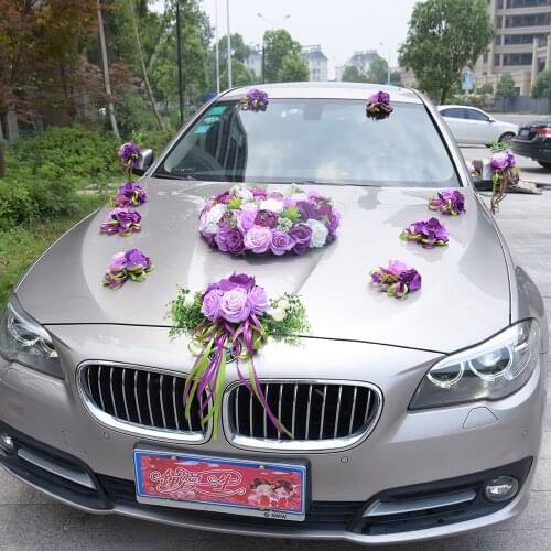 Purple Artificial Rose Flower with Ribbon for Wedding Car Door Handles Rearview Mirror Flowers for Bride Car Decor Party Favors