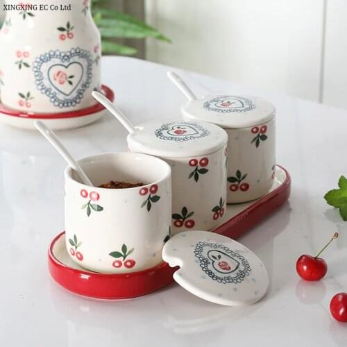 600 Ml Cherry Ceramic Seasoning Jar Household Seasoning Box Salt Sugar Monosodium Glutamate Jar Kitchen Storage Three-piece Set