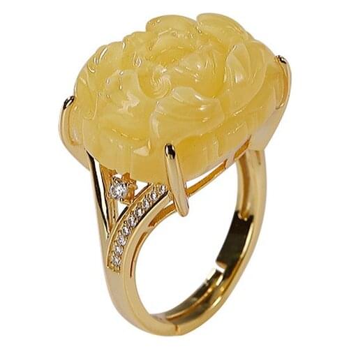 S925 sterling silver gold plated natural amber ring retro national trend peony flower Womens Open ring