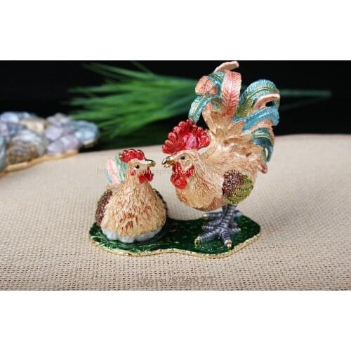 Rooster & Chicken Trinket Box Decorated Chicken Chick Crafts Pewter Enamel Crystal Chicken Trinket Box for Jewelry Ring Holding