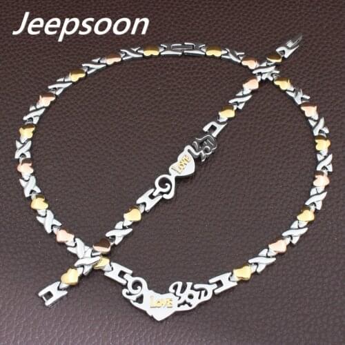 Hot Sell Wholesale Fashion Stainless Steel Metal Silver and gold color Heart Necklace And Bracelet Jewelry Set For Woman FKGCRFI