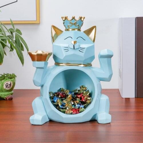 Fortune Cat Key Storage Tray Resin Figurine Candy Dish Jewelry Earrings Holder Home Table Decor Ornaments