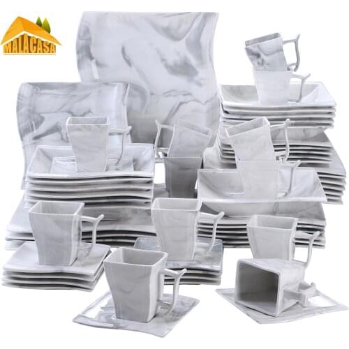 MALACASA FLORA 60-Piece Marble Porcelain Dinnerware Set with 12*Dinner Plate,Dessert Plate,Soup Plate,Cups&Saucers Tableware Set