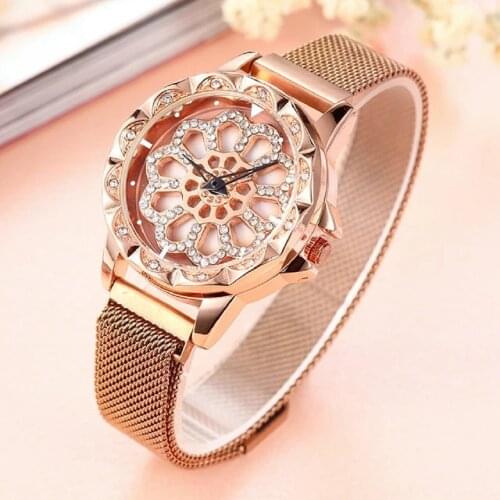 Gaiety Ladies Trendy Brand Diamond Dial Rotate Starry Sky For Good Luck Watch Stainless Steel Mesh Magnetic Strap Reloj Mujer