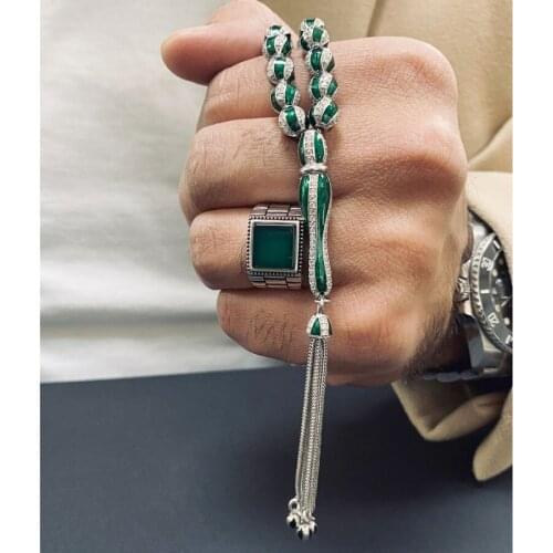 Green 925 Sterling Silver Tasbih With Green Agate Men’s Ring Vintage Antique Jewelry Gift islamic Gift Fashion Mens Jewelery