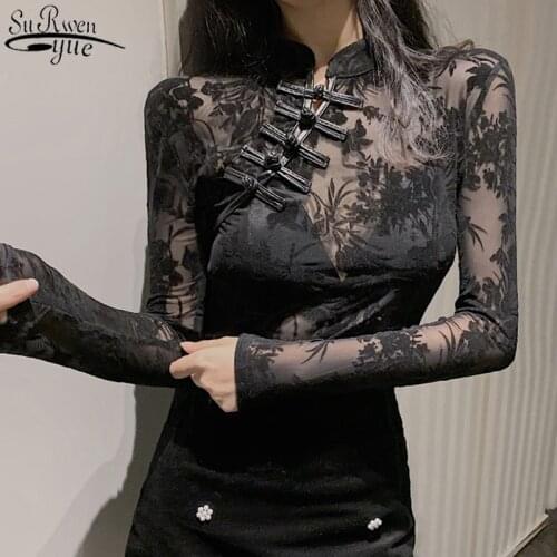 2021 New Vintage See Through Lace Womens Shirt Long Sleeve Slim Chinese Style Turtleneck Black Sexy Blouses Top for Women 11350