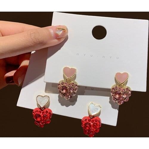 Luxury Sweet Crystal Heart Earrings 2020 Fashion Korean Dangle Drop Earrings for Women Red Pink Cute Statement Earring