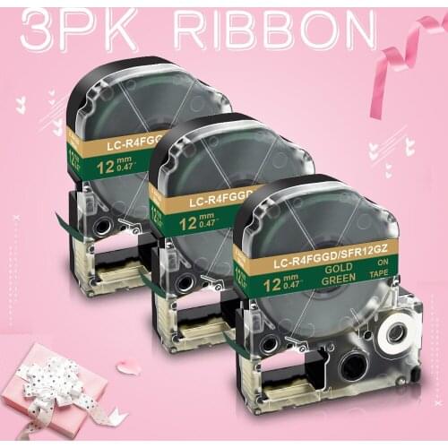 Topcolor DIY Gift Packing Satin Ribbon Printer Tape Compatible Epson Label Maker 12mm*5m Gold on Green Party Decorate Tape Belt
