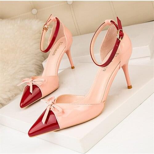 Women Spell Color Patent Leather Sandals Sweet Bowtie Shallow Female Dress Pumps Pointed Toe Buckle Party High Heels Shoes Woman