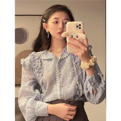 Spring floral long-sleeved chiffon shirt is thin and versatile, puff sleeve sweet Korean shirt design niche female shirt