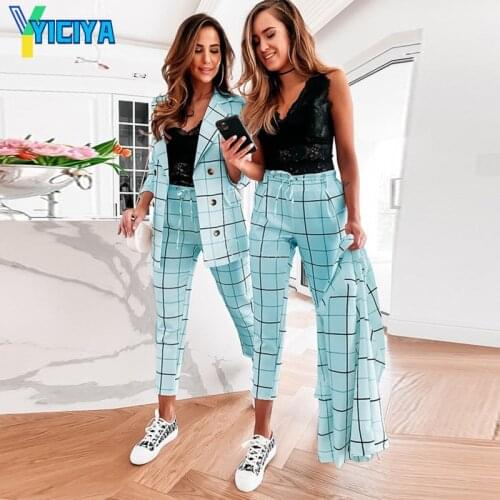 YICIYA winter 2021 Plaid Blazer suit leisure double breasted suit large women tracksuit women Office set trousers pants crop top
