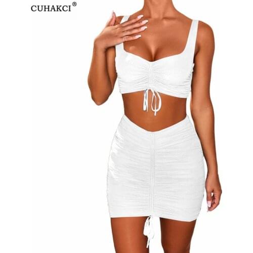CUHAKCI Summer Women Knitted Skirt Sexy Drawstring Stretch High Waist Pleated Short Tanks Two Piece Set Woman Slim White Black