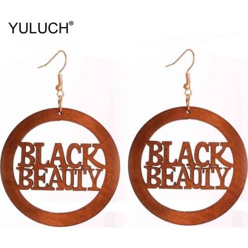 YULUCH 2019 Ethnic African Round Wooden Hollow Letter Black Beauty Drop Pendant Statement Earrings For Lady Women Party Gifts