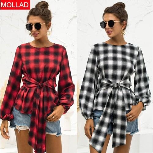 2021 Womens Clothing Popular Long Sleeve Retro Plaid Drawstring Shirt Women Spring Aurumn Women blouse