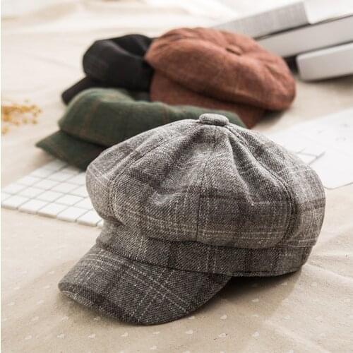 2019 New Plaid Octagonal Hat Women Autumn Winter Vintage Beret Hat For Women Cotton Casual Newsboy Hat Girl Female Octagonal Cap