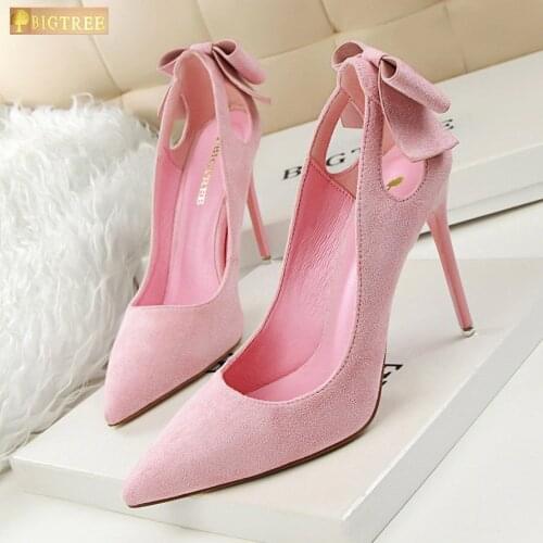 Size 34-39 Sexy Cut-Outs Sweet Bowtie Women Pumps New Arrival Concise Solid Flock Pointed Toe Shallow High Heels Shoes for Women