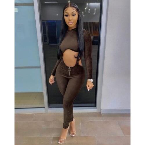 Hollow Out Solid Velour Two Piece Sets Women 2020 Hooded Crop Top Shirt + Zipper Overalls Fitness Active Streetwear Sexy Outfits