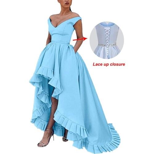High Low Satin Prom Dresses 2021 Off Shoulder Formal Evening Party Dress with Pockets Robe De Soiree