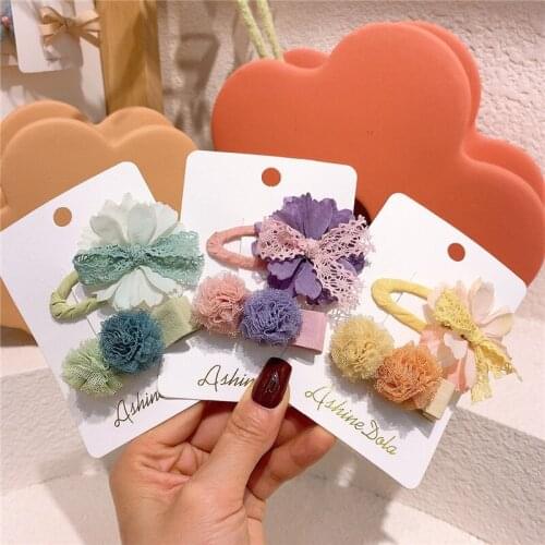 2021 New Korea Cute Childrens Lace Ball Hairpin Fashion Sweet Girl Baby Colorful Bow Flower BB Clip Kids Hair Accessories