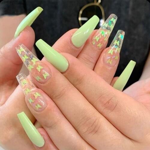 24pc Long Coffin Fake Nails Light Green Butterfly Ballerina False Nail Tip Full cover Fake Nails Glue DIY Manicure Nail Art Tool