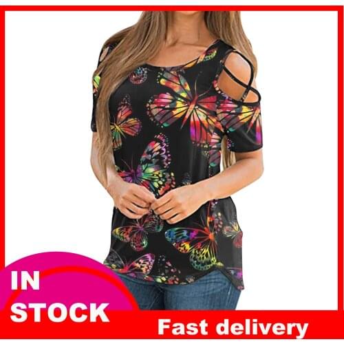 40#Women T-Shirt Floral Print Sexy Strapless Short Sleeve Strappy Cold Shoulder T Shirt Summer Plus Size Plus Size Pullover Tops