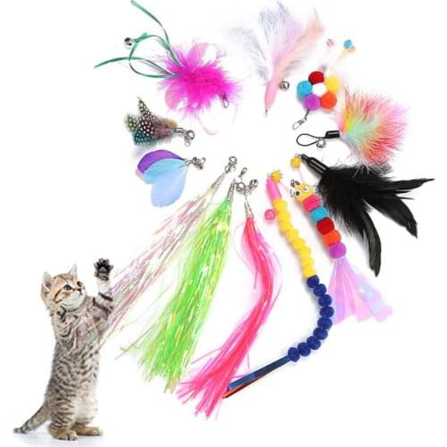 Pet Cat Toy Teaser Bell Feather Stretch Fishing Rod Play Wand Interactive Toys Pets Accessories Replacement Heads